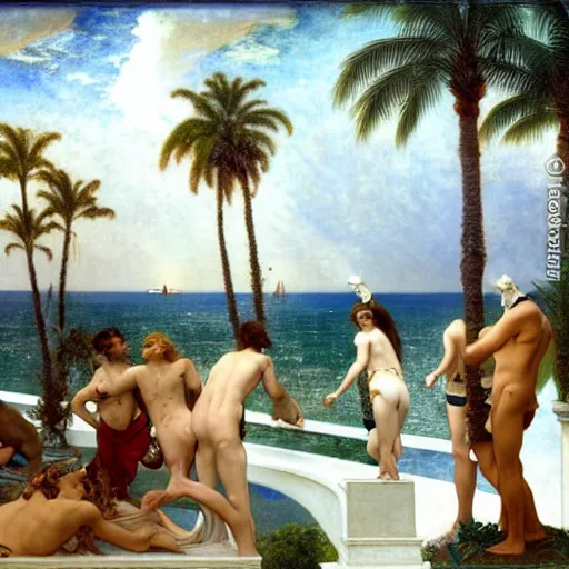 Image similar to Balustrade party, thunderstorm, greek pool, beach and palm trees on the background major arcana sky, by paul delaroche, alphonse mucha and arnold böcklin arnold böcklin hyperrealistic 8k, very detailed