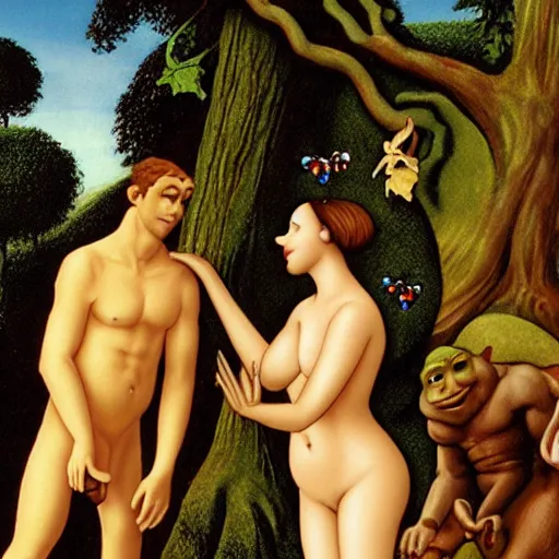 Prompt: adam and eve and and shrek in the garden of eden