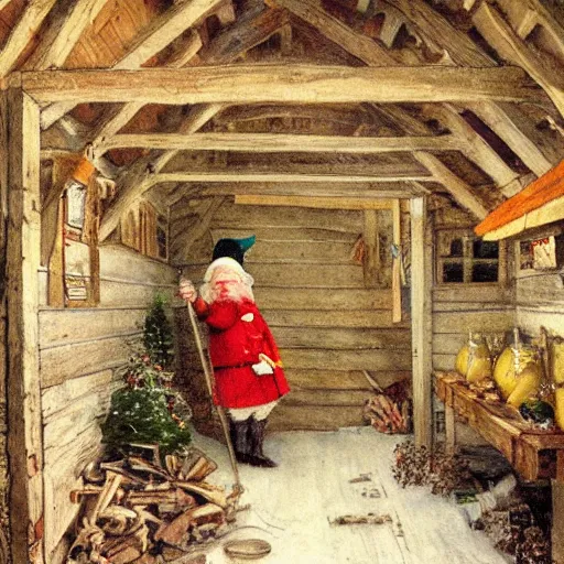 Image similar to oil painting of scandinavian gnome in barn, winter clothes, very very very very very beautiful art, american romanticism by carl larsson, firewood and hay, masterpiece, realistic and detailed