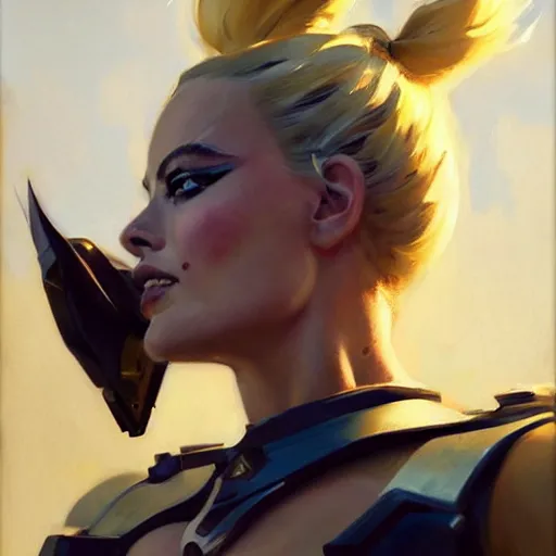 Image similar to greg manchess portrait painting of fully armored and armed margot robbie as overwatch character, close - up shot, asymmetrical, profile picture, organic painting, sunny day, matte painting, bold shapes, hard edges, street art, trending on artstation, by huang guangjian and gil elvgren and sachin teng