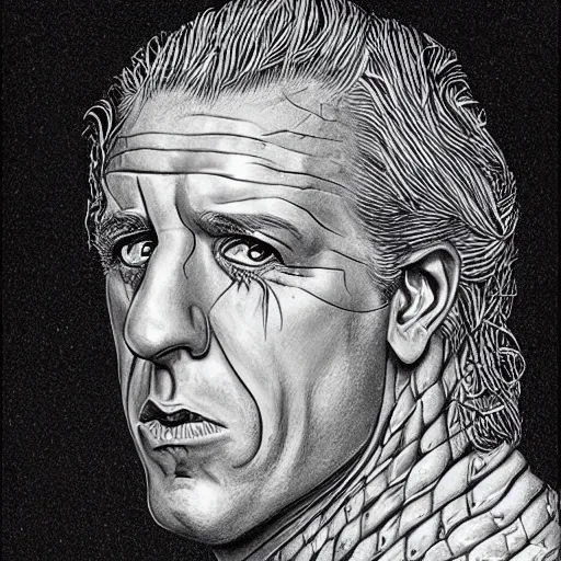 Image similar to ric flair, portrait, flowing python hair, by dan hillier, drawing