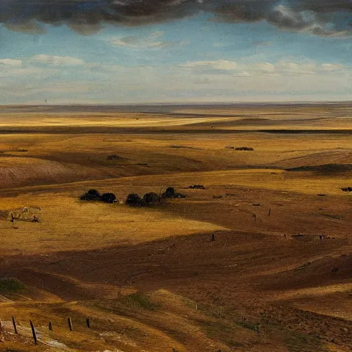 Prompt: landscape of a steppe. settlement in the distance