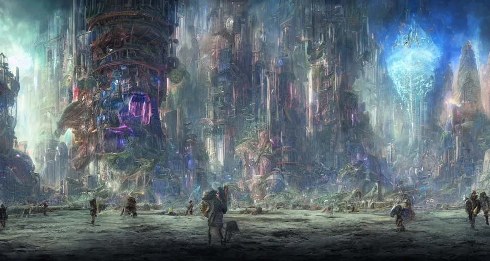 Image similar to A panoramic photo of gameplay from a videogame painted by James Gurney. Ground level perspective. Within a crystalline fantasy city populated by strange citizens. Matte painting. Fantastic incredible intriguing mysterious engaging impressive masterpiece lighting. Colorful environment, rule of thirds, symmetrical balance, depth layering, polarizing filter, Sense of Depth, AI enhanced