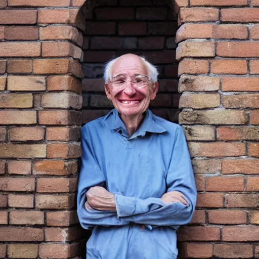 Image similar to an smiling old man peeking through a small door