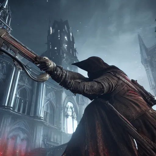 Image similar to looking down rifle in first person shooter bloodborne, background out of focus, flames