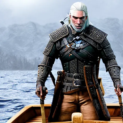 Image similar to geralt of rivia on a boat