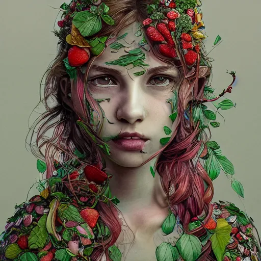 Image similar to the portrait of an absurdly beautiful, graceful, elegant, young woman made of strawberries and green petals shy, an ultrafine hyperdetailed illustration by kim jung gi, irakli nadar, intricate linework, bright colors, octopath traveler, final fantasy, angular, unreal engine 5 highly rendered, global illumination, radiant light, detailed and intricate environment