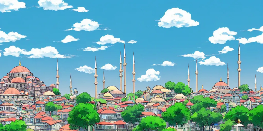 Image similar to istanbul, studio ghibli, azure sky, puffy clouds, anime background