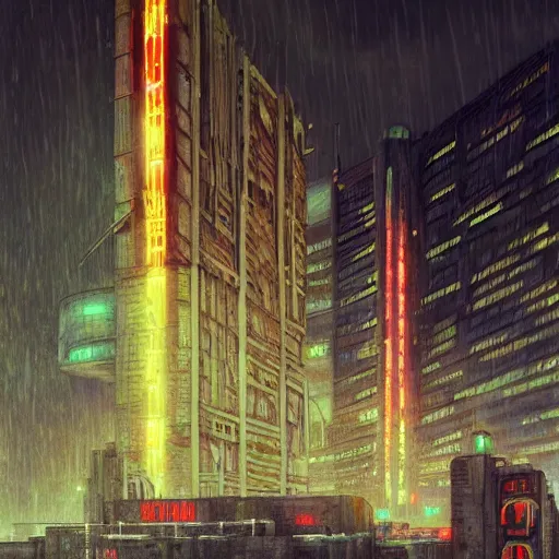 Image similar to highly detailed brutalist architecture city, with neon lights, while it's raining, stephen bliss, unreal engine, fantasy art by greg rutkowski, loish, rhads, ferdinand knab, makoto shinkai, ilya kuvshinov, rossdraws, global illumination, radiant light, detailed and intricate environment