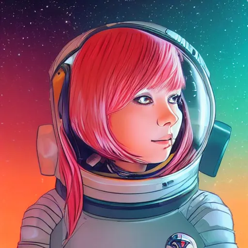 Prompt: portrait of a young astronaut girl, flowing white hair, littlethunder, loish, yoshitoshi abe, murata range, synthwave, cosmic,orange, manga, anime, tsutomu nihei, vibrant, beautiful, dreamy, studio lighting,cel shaded, cel-shading, smooth ((space nebula background))