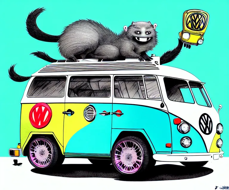 Image similar to cute and funny, binturong driving a tiny hot rod vw camper van with an oversized engine, ratfink style by ed roth, centered award winning watercolor pen illustration, isometric illustration by chihiro iwasaki, edited by craola, tiny details by artgerm and watercolor girl, symmetrically isometrically centered