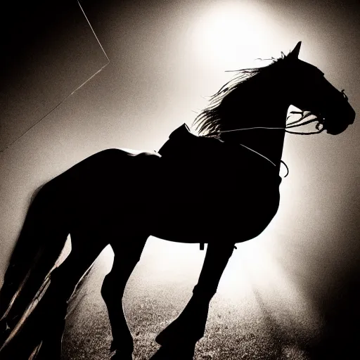 Prompt: the headless horseman entering a saloon, backlit, evening light, dramatic mood, low angle, sun rays