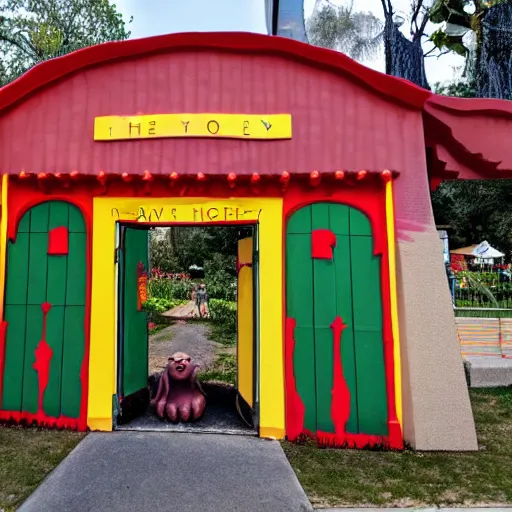 Prompt: the entrance facade of a curious george haunted house