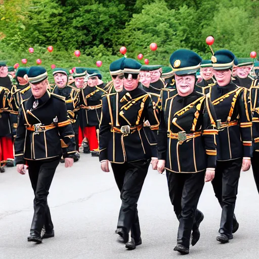 Image similar to a parade of the german army, the army is wearing clown hats.