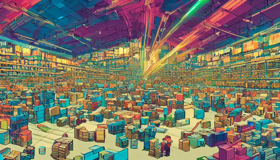 Image similar to a warehouse with huge shelves in which stacks of paper are stored, video game vector cutout illustration vivid multicolor borderlands comics by josan gonzales and dan mumford radiating a glowing aura