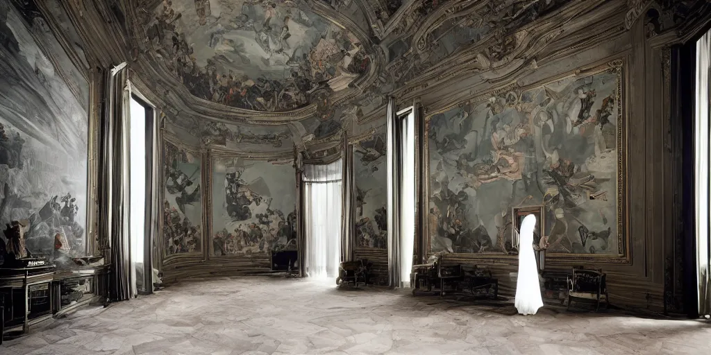 Image similar to Batman standing in giant Italian modern castle living room, clean minimalist design, that is 1300 feet tall, with very tall giant walls filled with modern art paintings, doors that are cosmic portals, photo by Annie Leibovitz