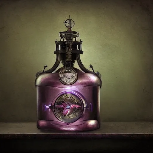 Prompt: a steampunk painting of a vintage purple steaming potion bottle in a dark dusty vintage science lab, by h. r. giger, hyperrealistic fantasy art, concept matte, ethereal, dreamy, digital art, trending on artstation, volumetric cinematic lighting