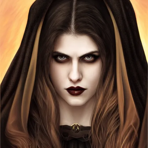 Prompt: Alexandra Daddario, beautiful vampire mistress dressed in a black cloak, by Stanley Artgerm Lau