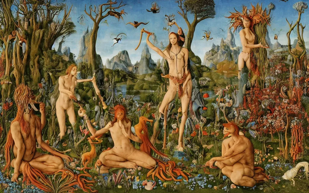 Image similar to a photograph of a meditating centaur shaman and a harpy mermaid feeding animals. surrounded by bulbous flowers, animals and a few trees. river delta with mountains and cliffs under a blue sky full of burning stars and birds. painted by jan van eyck, max ernst, ernst haeckel, ernst fuchs and artgerm. trending on artstation