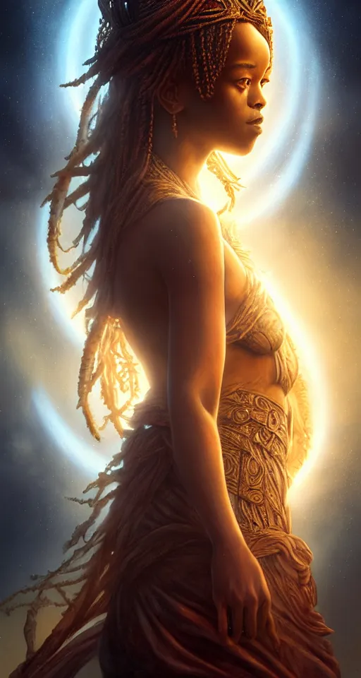 Image similar to majestic gracious regal goddess rhianna with seraphim portrait, ancient greece, elysium, atmospheric lighting, painted, intricate, volumetric lighting, beautiful, rich deep colours masterpiece, golden hour, sharp focus, ultra detailed, by leesha hannigan, ross tran, thierry doizon, kai carpenter, ignacio fernandez rios