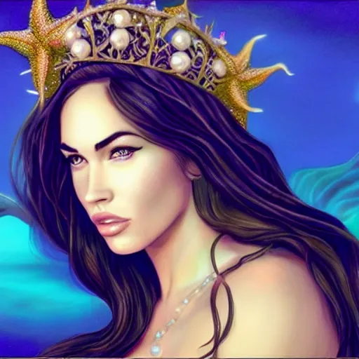 Image similar to “Megan Fox portrait, fantasy, mermaid, cartoon, pearls, glowing hair, shells, gills, crown, water, highlights, starfish, goddess jewelry, realistic, digital art, pastel, magic, fiction, ocean, game”