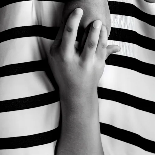 Image similar to black and white photography of a face and hands pushing outward from behind a high contrast black and white striped thin sheet