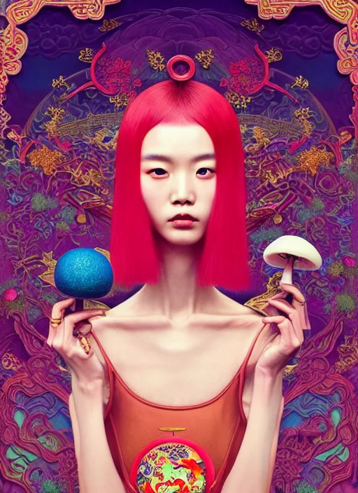 Image similar to pretty chinese model with hallucination mushroom : : by martine johanna and simon stalenhag and chie yoshii and casey weldon and wlop : : ornate, dynamic, particulate, rich colors, intricate, elegant, highly detailed, centered, vogue, harper's bazaar, fashion magazine, smooth, sharp focus, octane render, 8 k