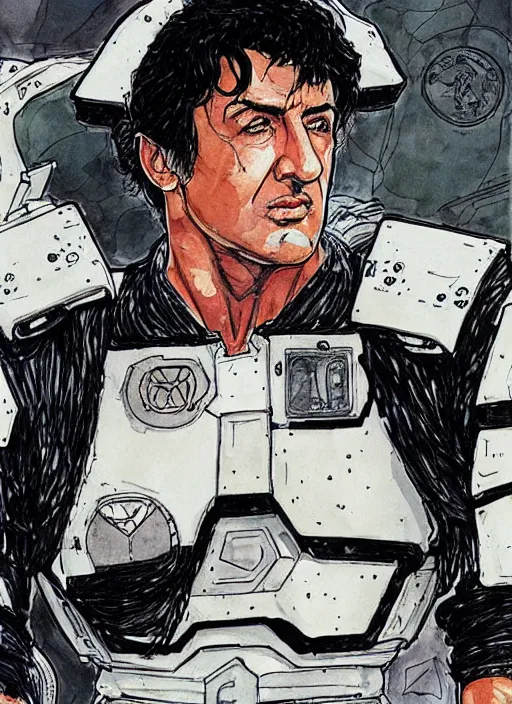 Prompt: sylvester stallone in gundam armor by kaethe butcher and moebius, details
