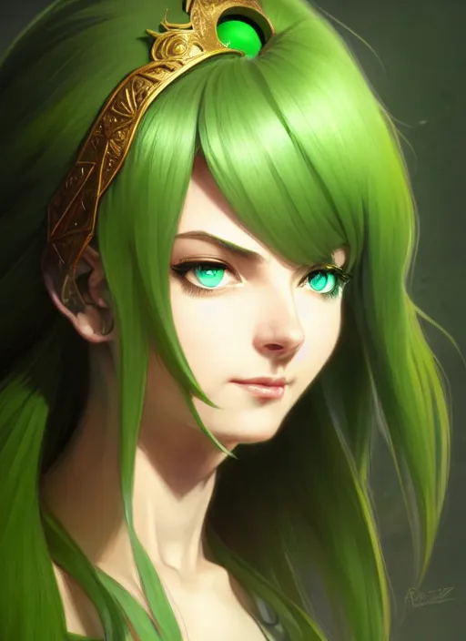 Image similar to portrait, from left, head and body, palutena, piercing green eyes, green hair, concept art, unreal engine, by rossdraws, frank franzzeta, intricate, masterpiece, elegant, hyper, concept art, smooth, sharp focus, illustration, art by artgerm and greg rutkowski and alphonse mucha and garis edelweiss