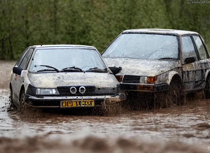 Image similar to a saab 9 0 0 stuck in the mudd during paris dacar rally