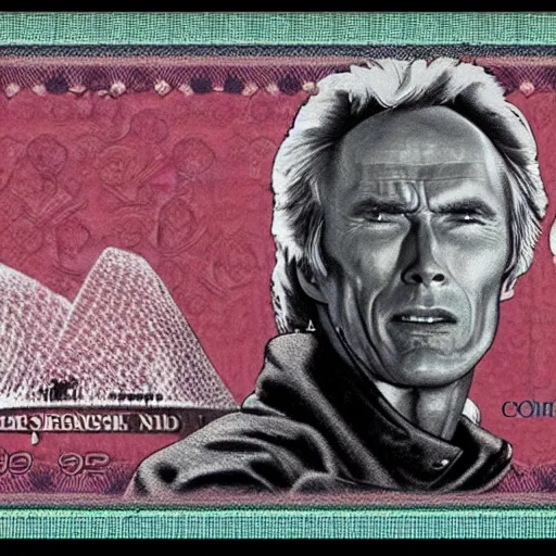 Image similar to a £ 2 0 pound note with clint eastwood instead of the queens head
