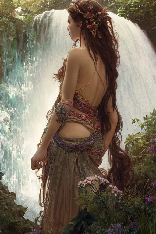 Image similar to ultra realistic illustration, bohemian girl in waterfall, staring directly into camera, intricate, elegant, highly detailed, digital painting, artstation, concept art, smooth, sharp focus, illustration, art by artgerm and greg rutkowski and alphonse mucha