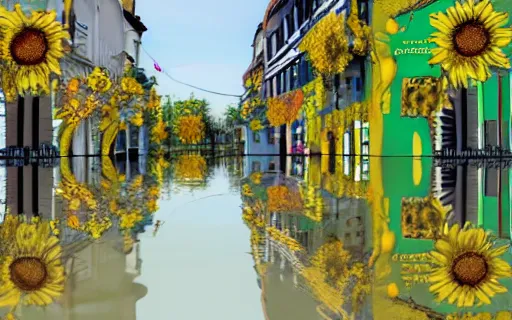 Image similar to City of Ljubljana flooded with sunflowers and people swimming through them, digital art, trending on artstation