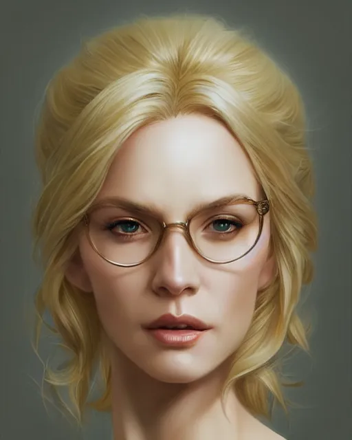 Prompt: portrait of thin blonde middle aged fantasy queen with glasses, elegant, real life skin, intricate, high detailed, artstation, concept art, smooth, sharp focus, art by artgerm and greg rutkowski