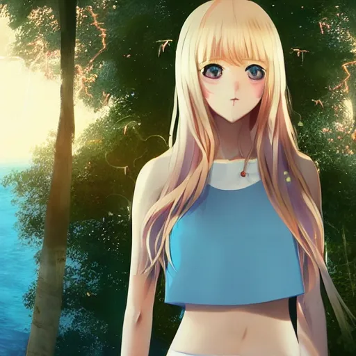 Image similar to a very beautiful anime girl, full body, long wavy blond hair, sky blue eyes, full round face, short smile, cute top, short jeans, summer lake setting, cinematic lightning, medium shot, mid-shot, highly detailed, trending on Artstation, Unreal Engine 4k, cinematic wallpaper by Stanley Artgerm Lau, WLOP, Rossdraws, and Sakimichan