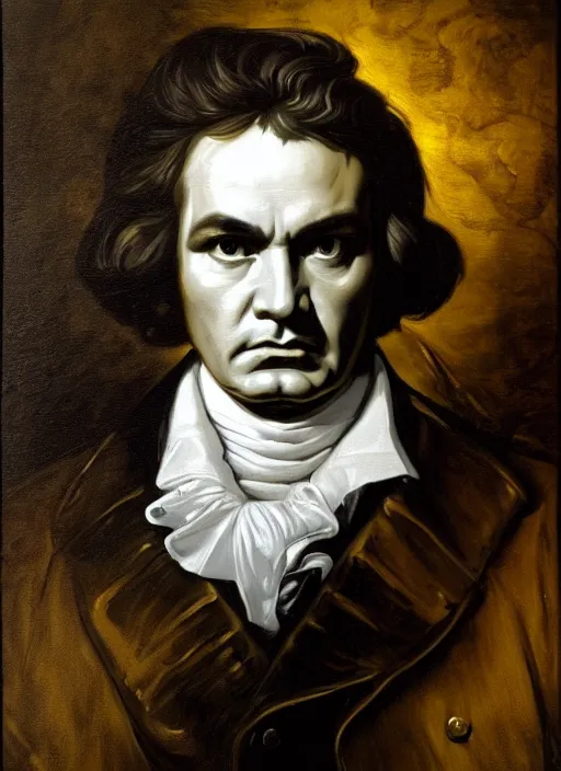Image similar to highly detailed oil painting | very intricate | cinematic lighting | black, white and gold color scheme, dark background | ludwig van beethoven by alexander mcqueen | by roberto ferri, by gustav moreau, by singer sargent and klimt, american romanticism, occult art | by austin osman spare, artstation, cgsociety, official art, octane