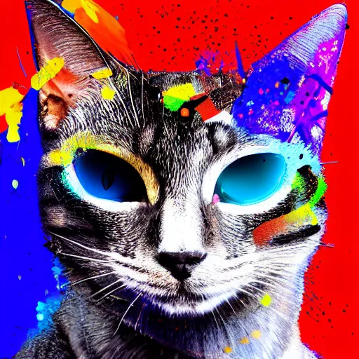 Prompt: portrait of cyberpunk cat, colorful, splatters, by ute osterwalder