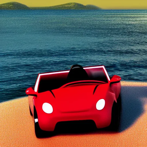 Prompt: A teddy bear driving a red convertible sports car by the sea, digital art