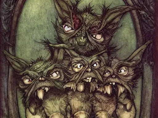 Prompt: gremlins in a castle by arthur rackham and by Tony DiTerlizzi and by brian froud