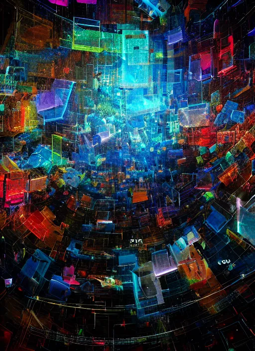 Image similar to cinematic epic shot group happy humans, hyper realistic, detailed flow of beautiful digital paintings, vortex of large squares and rectangles, floating graphics, dripping light drops, text tranforming into images, highly detailed, super realistic, perfect lighting pixel sorting, style sheet