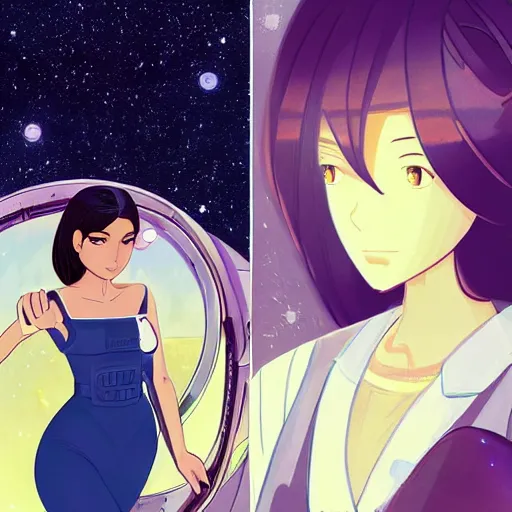 Image similar to model pixar kim kardashian light novel illustration as an astronaut by makoto shinkai by victo ngai by