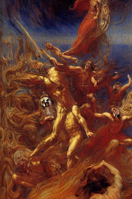 Prompt: a painting of mars the god of war screaming in the midst of battle by gustav moreau, jean delville and  Gaston Bussiere