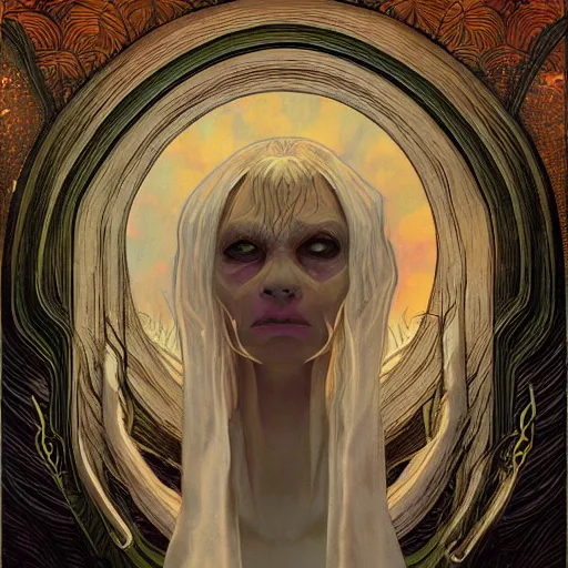 Image similar to portrait of small, rubbery, huge-eyed, big-lipped albino mutant priestess with elaborate white hair; Dune concept art by Anato Finnstark, Alphonse Mucha, Beksinski, and Studio Ghibli