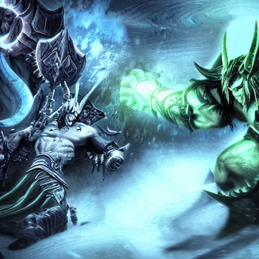 Prompt: Illidan fighting Arthas. Frozen landscape. Warcraft-style. Cinematic shot.