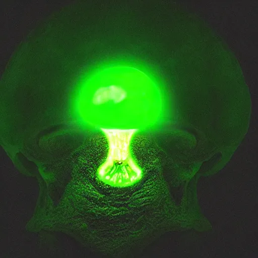 Prompt: Glowing green radioactive mushrooms are growing out of a skull, photo, dramatic lighting