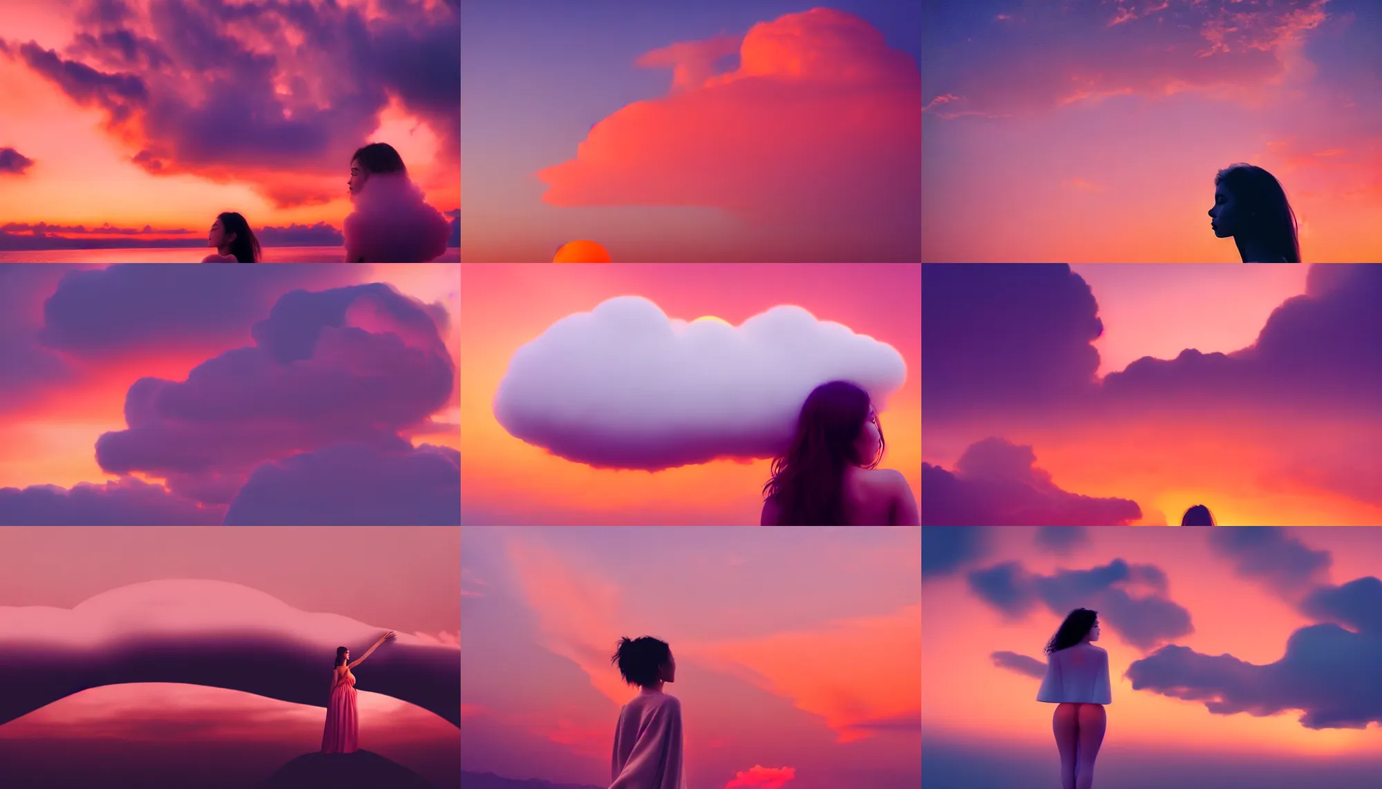 Prompt: beautiful woman who looks like a cloud, 🍑, photo - realistic, detailed, orange / pink sky, dreamy