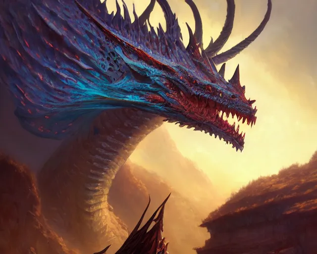 Image similar to highly detailed portrait of a fantasy dragon, in magic the gathering, stephen bliss, unreal engine, fantasy art by greg rutkowski, loish, rhads, ferdinand knab, makoto shinkai and lois van baarle, ilya kuvshinov, rossdraws, tom bagshaw, global illumination, radiant light, detailed and intricate environment