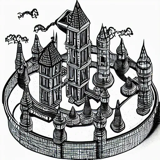 Image similar to isometric view of wizard tower, lineart