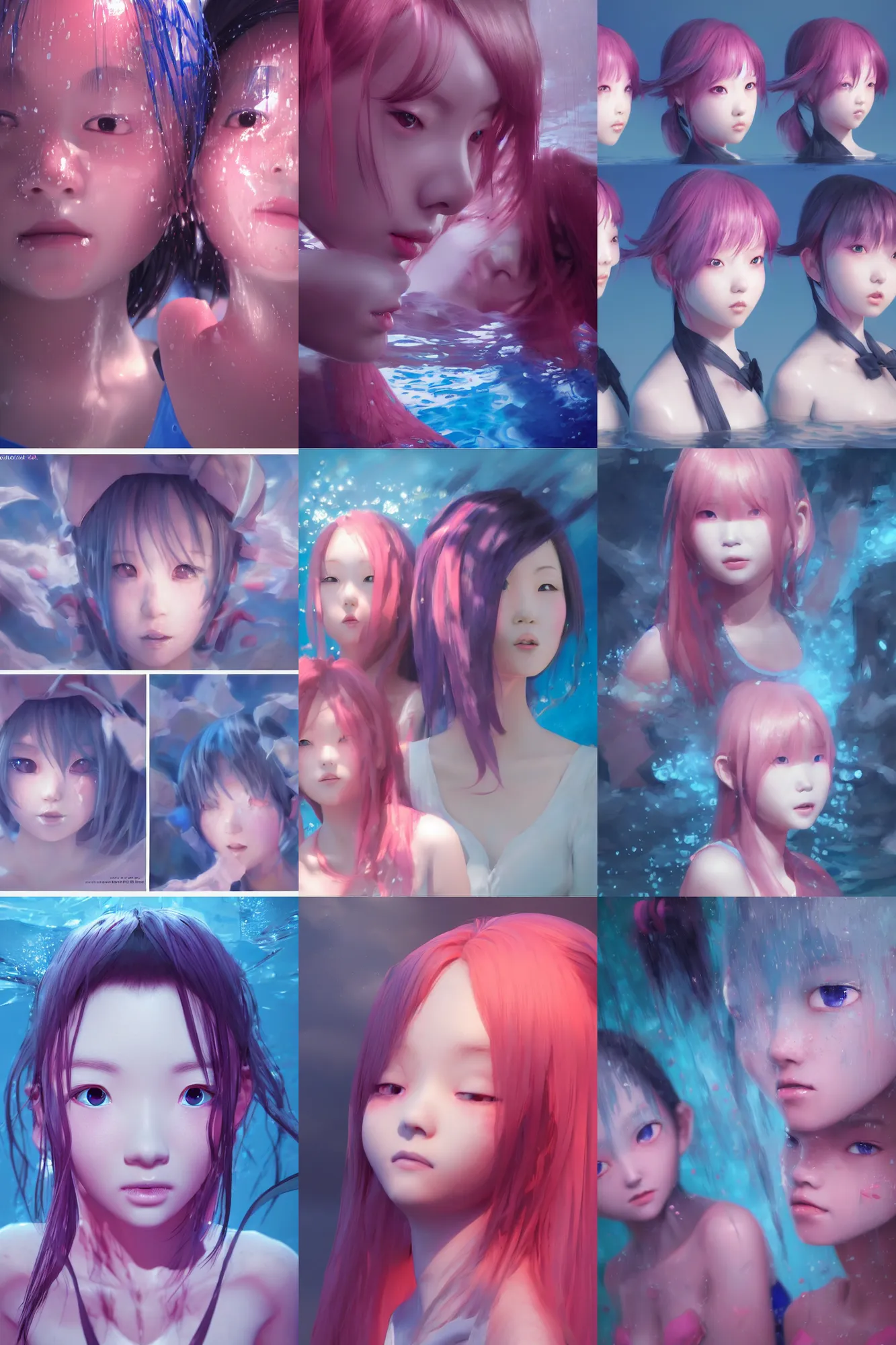 Prompt: 3d dark infrared octane render concept art by D. Jun, by Mo Xiang Tong Xiu, by Igarashi Daisuke, beauty portrait anime schoolgirls under dark pink and blue water. cute face. water dispersion. dramatic light, trending on artstation, oil painting.