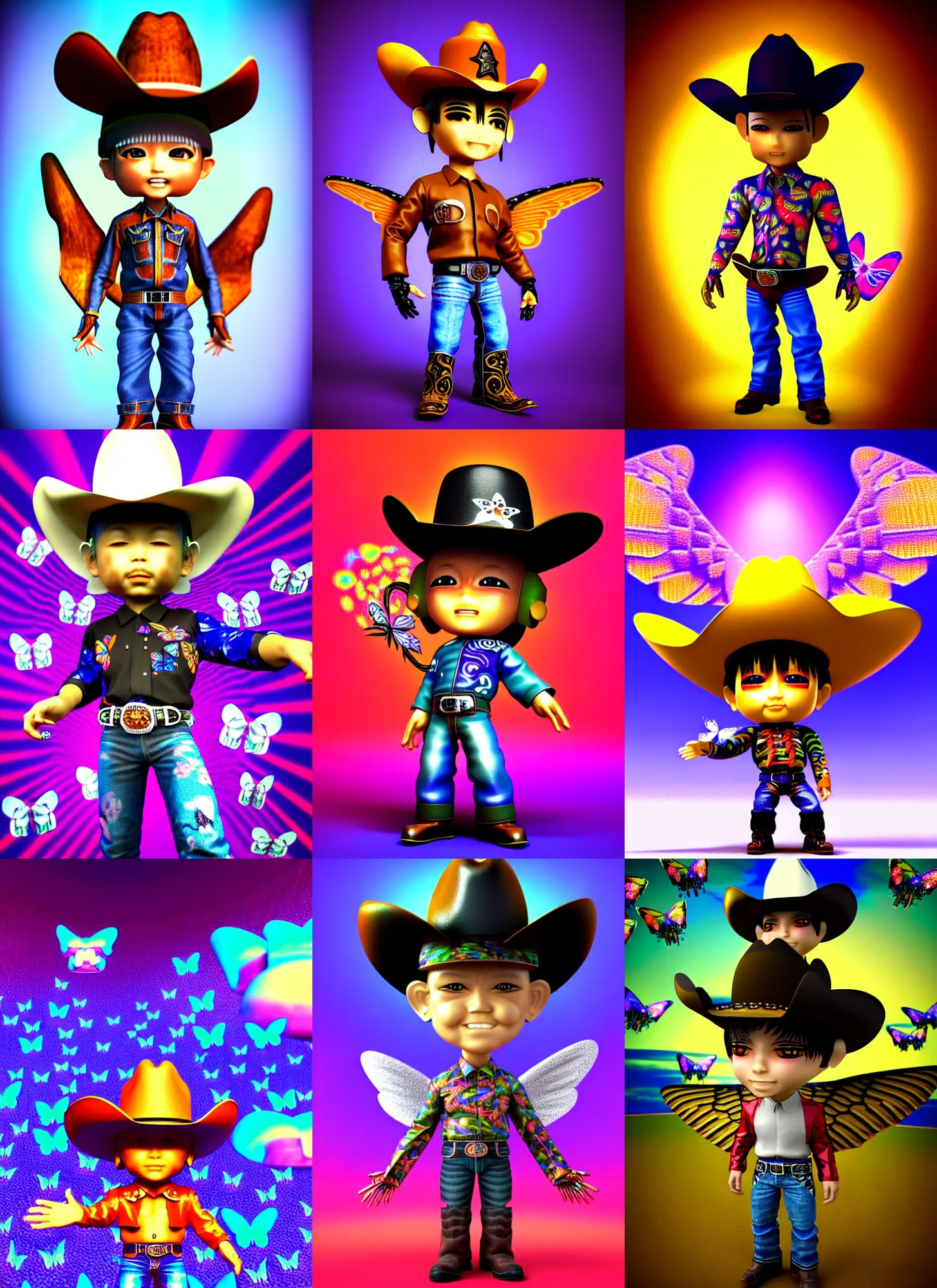 Prompt: 3 d render of chibi cyborg cowboy by ichiro tanida wearing a big cowboy hat and wearing angel wings against a psychedelic swirly background with 3 d butterflies and 3 d flowers n the style of 1 9 9 0's cg graphics 3 d rendered y 2 k aesthetic by ichiro tanida, 3 do magazine